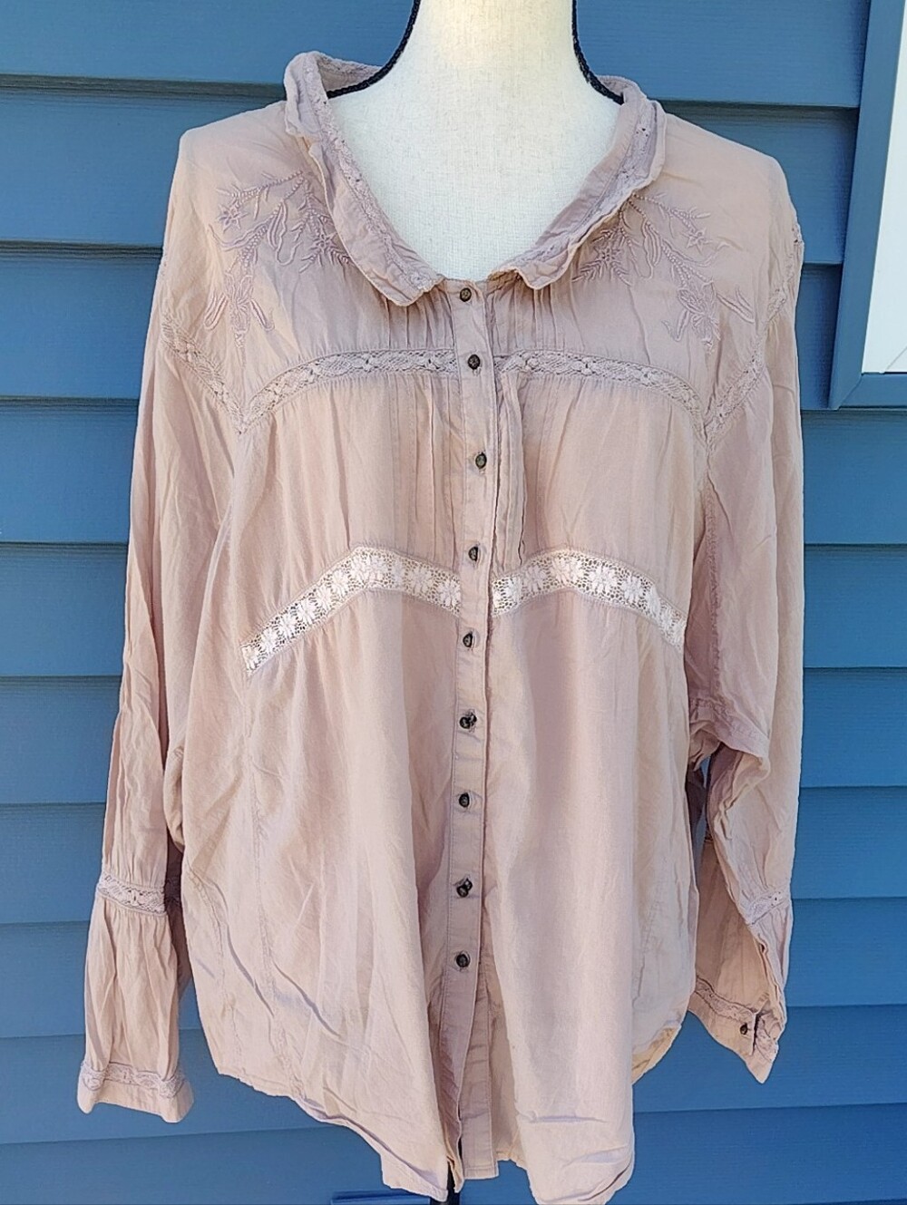 Free People New Romantics Embroidered Lace Boho Button Front Blouse Dusty Rose L